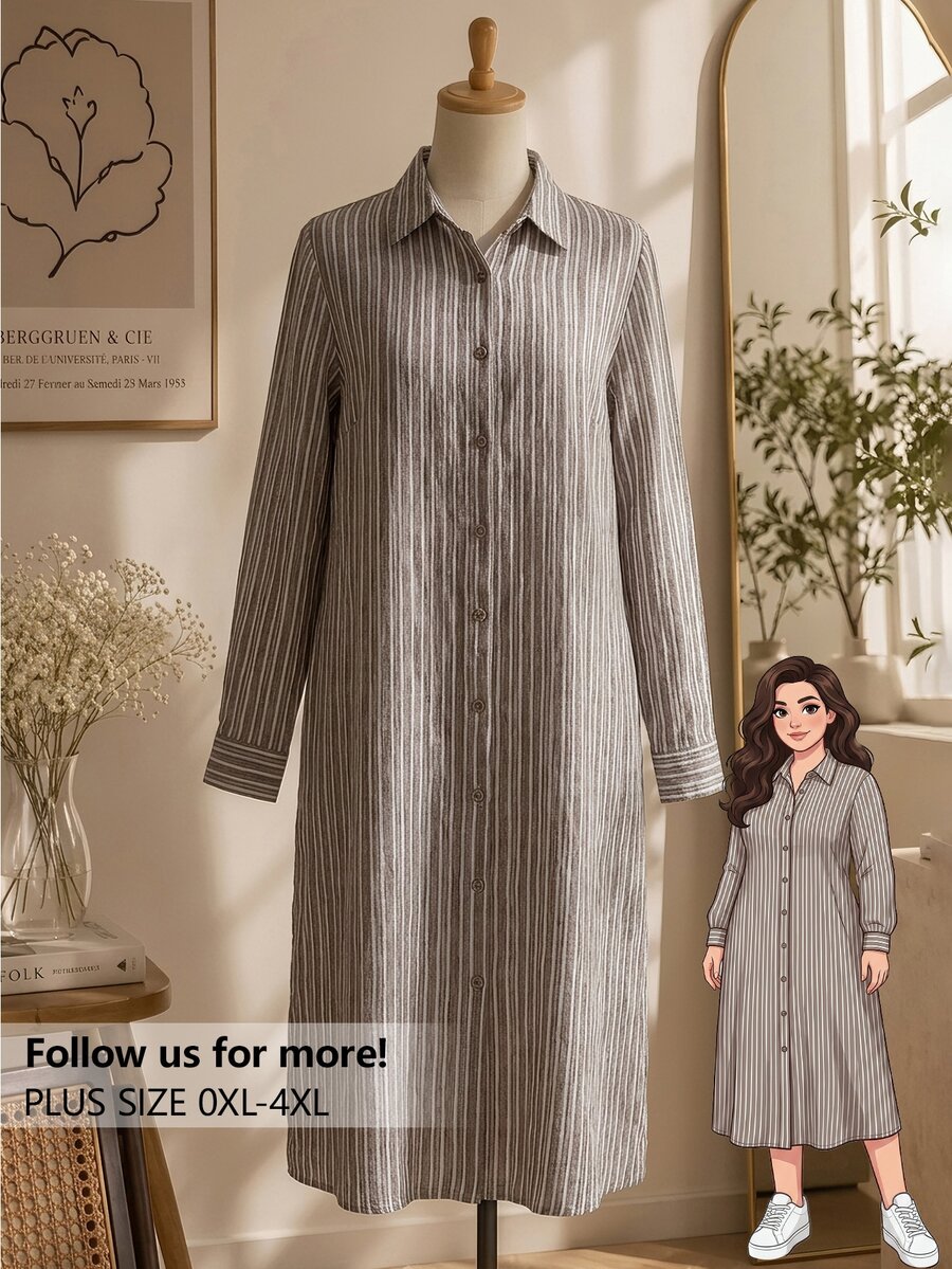 Rusticease Plus Size Women's Striped Single-Breasted Long Sleeve Long Casual Shirt Fall - Brown - View 1