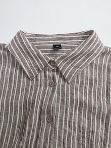 Rusticease Plus Size Women's Striped Single-Breasted Long Sleeve Long Casual Shirt Fall - Brown - View 6