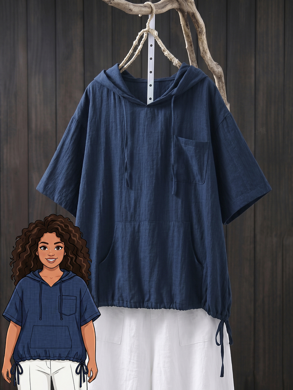Plus Size Women's Solid Color Short Sleeve Hooded Pocket Casual Soft Form Shirt Navy Blue Summer Vacation Homewear Concert