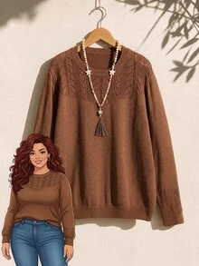 Rusticease Women's Plus Size Knit Sweater, Solid Color Crochet Round Neck Casual Pullover Top, Autumn/Winter - Brown - View 10