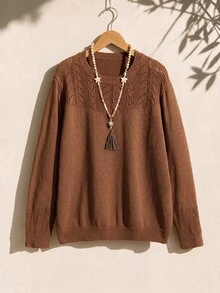 Rusticease Women's Plus Size Knit Sweater, Solid Color Crochet Round Neck Casual Pullover Top, Autumn/Winter - Brown - View 9