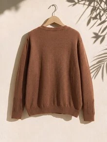 Rusticease Women's Plus Size Knit Sweater, Solid Color Crochet Round Neck Casual Pullover Top, Autumn/Winter - Brown - View 2