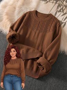 Rusticease Women's Plus Size Knit Sweater, Solid Color Crochet Round Neck Casual Pullover Top, Autumn/Winter - Brown - View 3