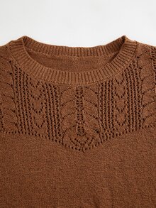 Rusticease Women's Plus Size Knit Sweater, Solid Color Crochet Round Neck Casual Pullover Top, Autumn/Winter - Brown - View 4