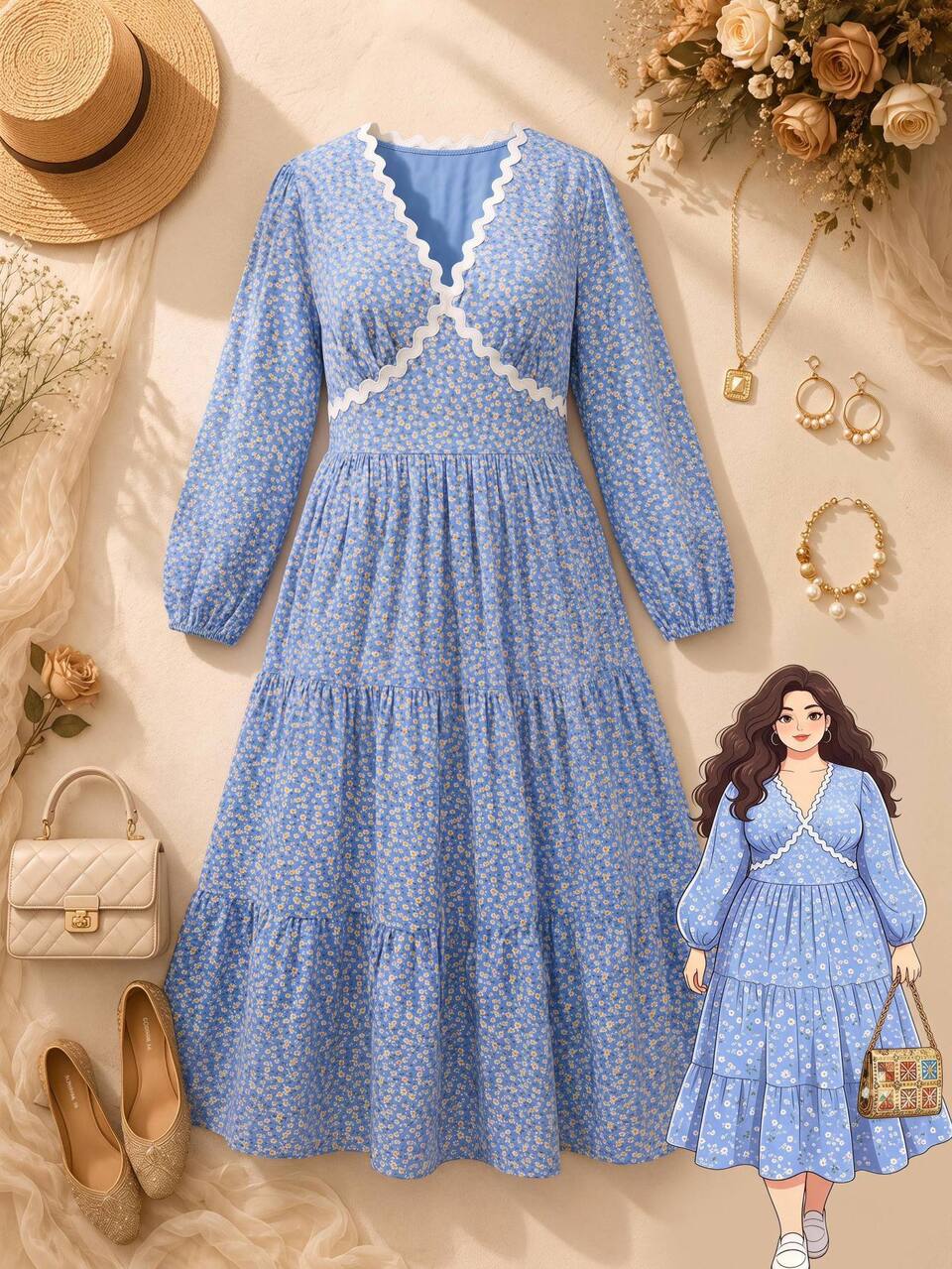 Plus Size Women's Deep V-Neck All-Over Print Pleated Casual Everyday Summer Dress Fall