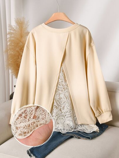 CosyJoli Plus Size Sweet Fashion Lace Patchwork Long Sleeve Crew Neck Sweatshirt