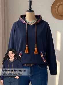 Rusticease Plus Size Women's Navy Blue Raglan Long Sleeve Drawstring Hooded Sweatshirt Hiking Vacation Autumn Traditional Greek Goddess Fall Formal Office Boho - Multicolor - View 1