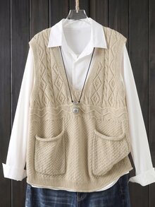 Rusticease Plus Size Women's Solid Color Pocket Casual Traditional Elegant Versatile Daily Wear Knit Vest Formal Beige Summer - Apricot - View 3