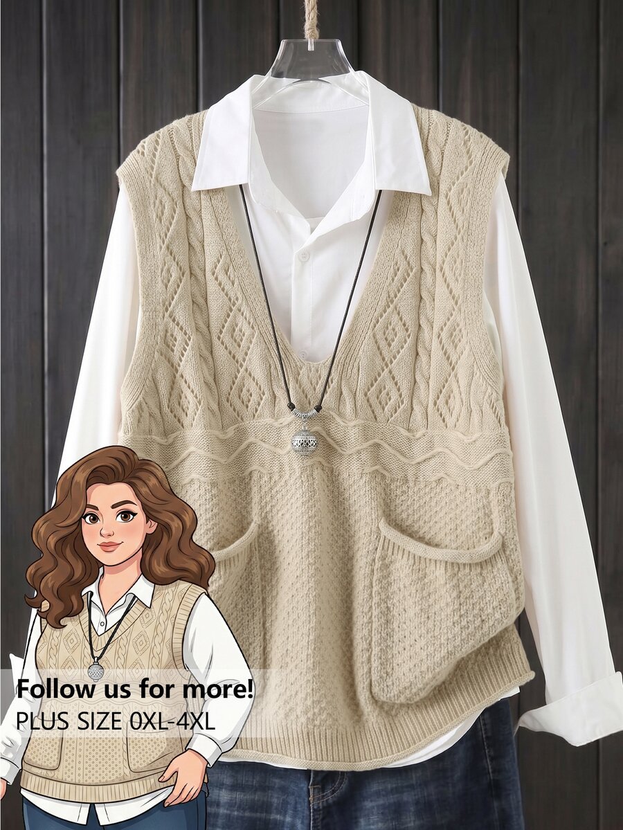 Rusticease Plus Size Women's Solid Color Pocket Casual Traditional Elegant Versatile Daily Wear Knit Vest Formal Beige Summer - Apricot - View 1