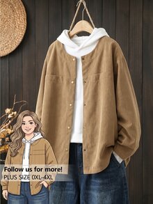 Rusticease Plus Size Women's Solid Color Long Sleeve Single-Breasted Casual Loose Fit Jacket Fall - Khaki - View 1