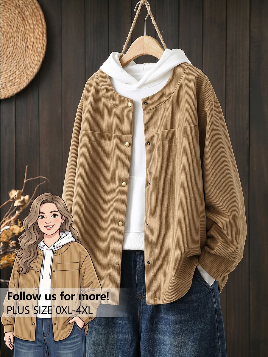 Rusticease Plus Size Women's Solid Color Long Sleeve Single-Breasted Casual Loose Fit Jacket Fall - Khaki - View 1