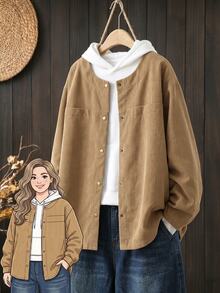 Rusticease Plus Size Women's Solid Color Long Sleeve Single-Breasted Casual Loose Fit Jacket Fall - Khaki - View 7