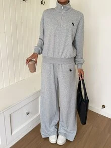 SHEIN EZwear Bộ áo nỉ và quần nỉ màu xám nhạt thêu chi tiết - Màu Xám nhạt - Xem 9