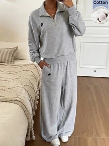 SHEIN EZwear Bộ áo nỉ và quần nỉ màu xám nhạt thêu chi tiết - Màu Xám nhạt - Xem 10