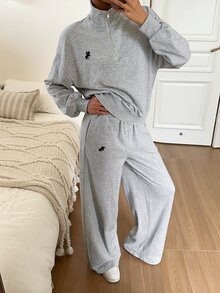 SHEIN EZwear Bộ áo nỉ và quần nỉ màu xám nhạt thêu chi tiết - Màu Xám nhạt - Xem 6