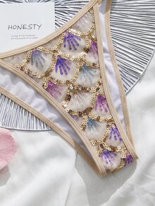 Swim Vcay 女款亮片細肩帶上衣與三角比基尼泳褲度假泳裝套裝 - 金色 - 查看 3