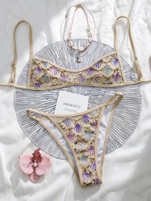 Swim Vcay 女款亮片細肩帶上衣與三角比基尼泳褲度假泳裝套裝 - 金色 - 查看 4