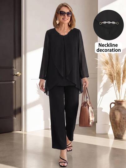 Miaspire Elegant Luxury Modern, Tailored Asymmetric, Women's Two Piece Set, Chiffon Black, Straight Fit, Wedding Guest Party, Ceremony, Festival, Fall Winter