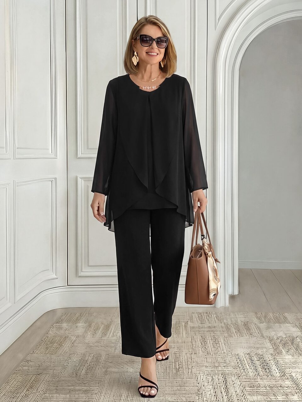 Elegant Luxury Modern, Tailored Asymmetric, Women's Two Piece Set, Chiffon Black, Straight Fit, Wedding Guest Party, Ceremony, Festival, Fall Winter