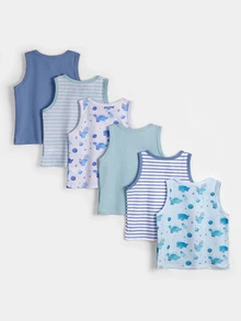 SHEIN Streecool Kids 6 件装小男孩可爱恐龙、宇宙、星球全身印花多色条纹弹性舒适背心内衣、休闲汗衫 - 彩色 - 查看 2