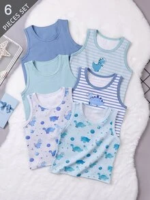 SHEIN Streecool Kids 6 件装小男孩可爱恐龙、宇宙、星球全身印花多色条纹弹性舒适背心内衣、休闲汗衫 - 彩色 - 查看 4