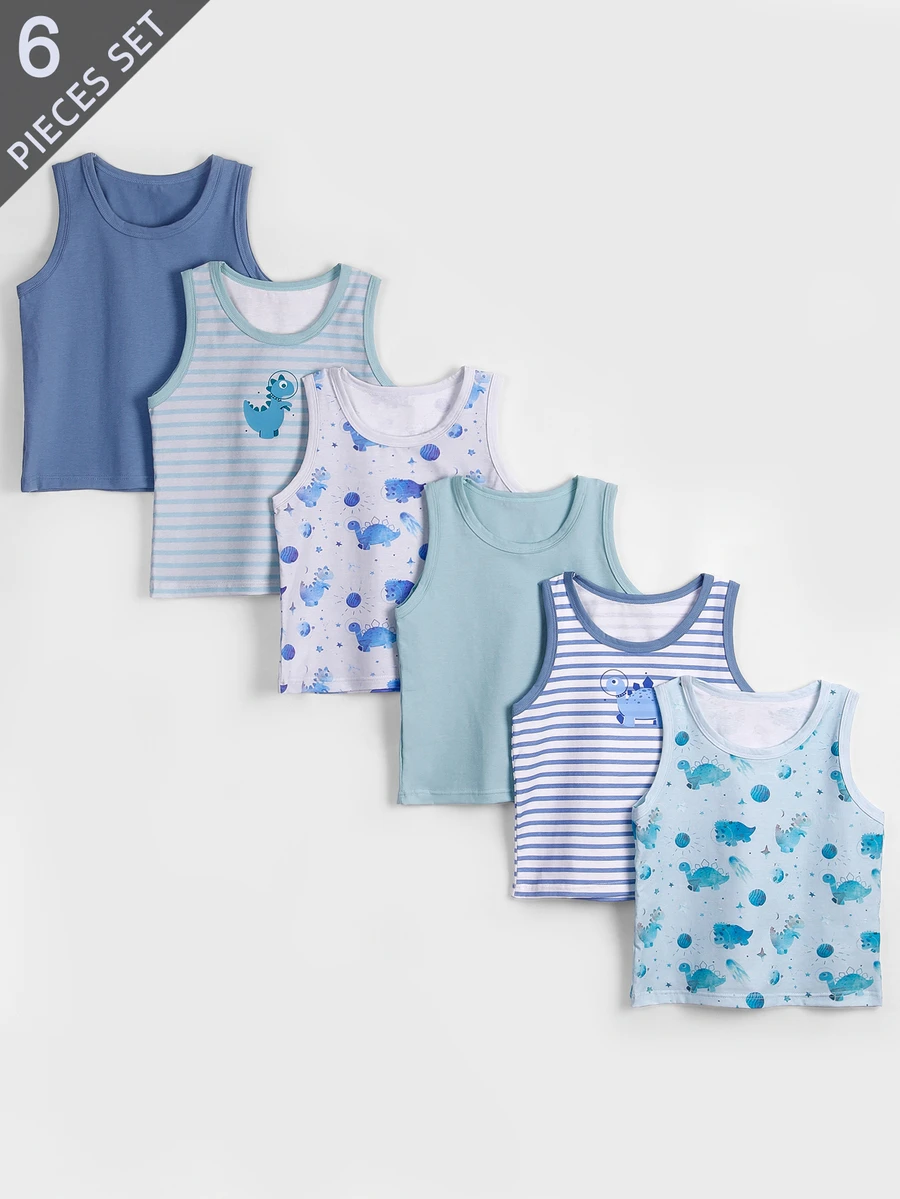 SHEIN Streecool Kids 6 件装小男孩可爱恐龙、宇宙、星球全身印花多色条纹弹性舒适背心内衣、休闲汗衫 - 彩色 - 查看 1