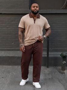 Ethos Form Men's Plus Size Jacquard Short Sleeve Polo Shirt And Woven Long Pants 2pcs Set,Beige,Chocolate Brown,Summer,Smart Casual,Tropical,Vacation Outfits - Coffee Brown - View 1