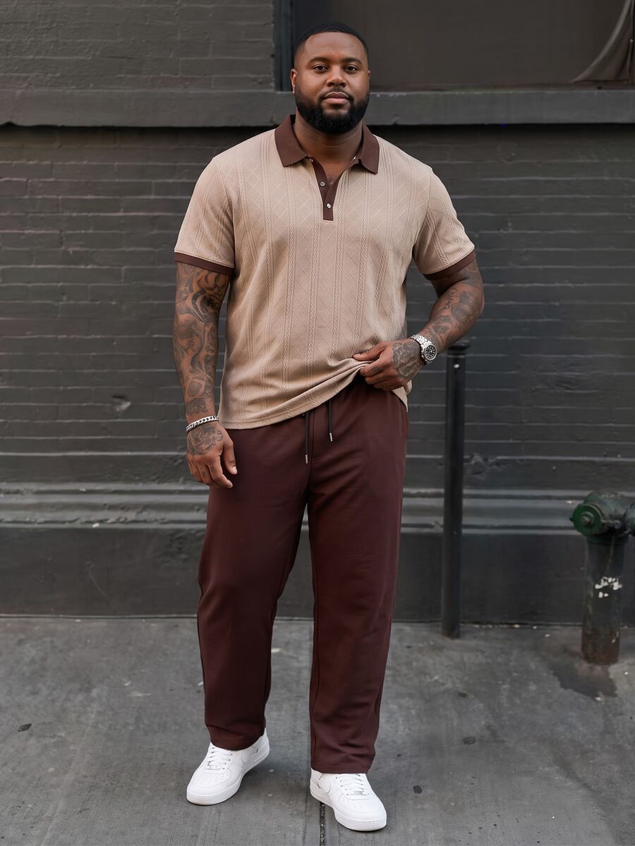 Ethos Form Men's Plus Size Jacquard Short Sleeve Polo Shirt And Woven Long Pants 2pcs Set,Beige,Chocolate Brown,Summer,Smart Casual,Tropical,Vacation Outfits - Coffee Brown - View 1
