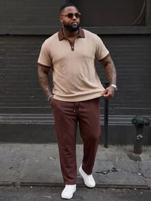 Ethos Form Men's Plus Size Jacquard Short Sleeve Polo Shirt And Woven Long Pants 2pcs Set,Beige,Chocolate Brown,Summer,Smart Casual,Tropical,Vacation Outfits - Coffee Brown - View 3