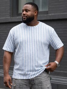 Ethos Form Men's Plus Size Textured Striped Crew Neck Loose Casual Short Sleeve T-Shirt - Blue and White - View 1