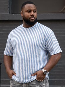 Ethos Form Men's Plus Size Textured Striped Crew Neck Loose Casual Short Sleeve T-Shirt - Blue and White - View 3