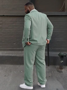Ethos Form 大尺碼男士西裝外套與長褲套裝，優雅正式深綠色套裝，適用於婚禮、商務、秋季，經典長袖鼠尾草綠西裝、長褲、儀式 - 薄荷綠 - 查看 2