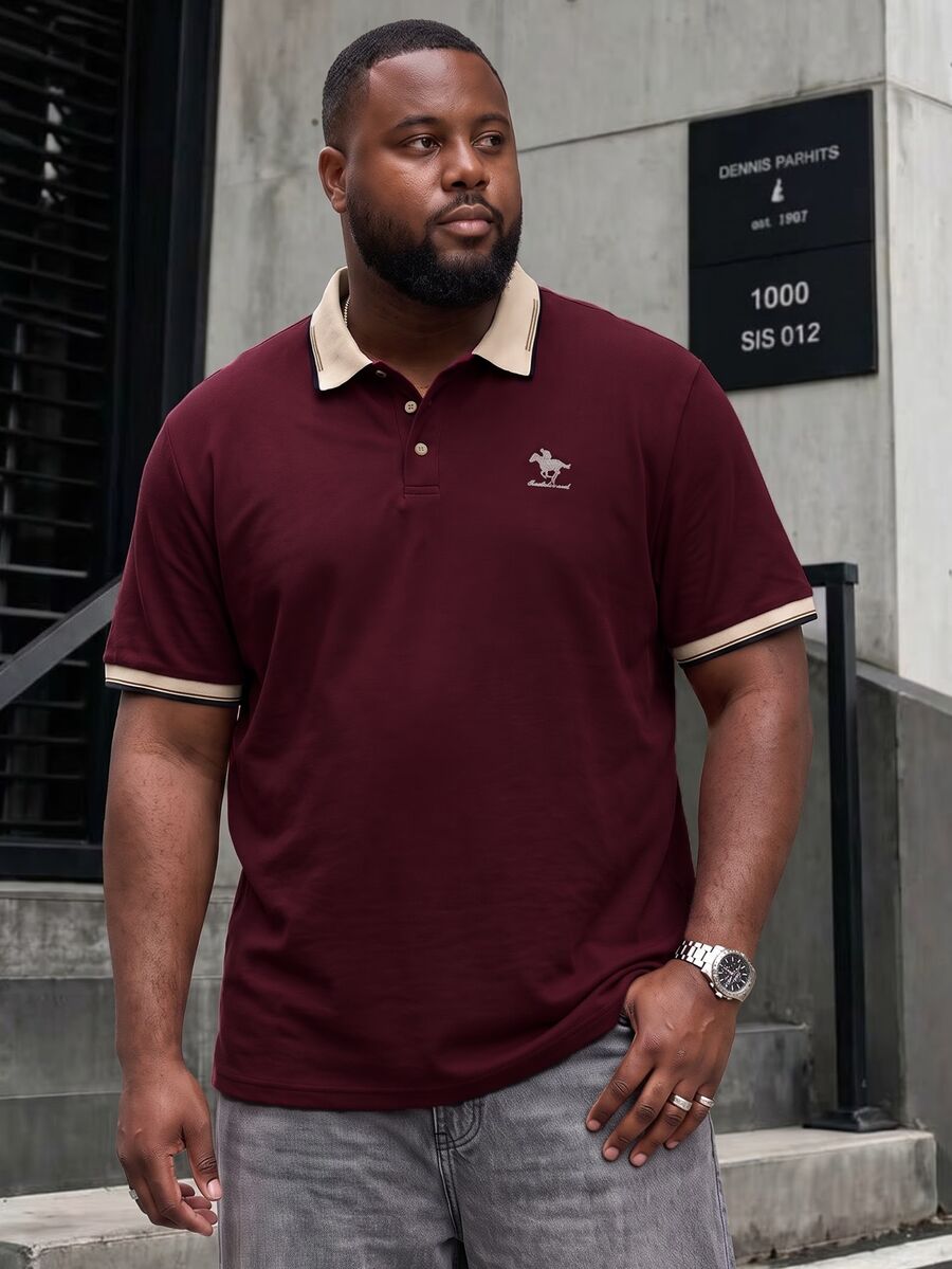 Ethos Form Men Plus Size Pique Knit Embroidered Casual Short Sleeve Formal Polo Shirt, Ceremony - Burgundy - View 1