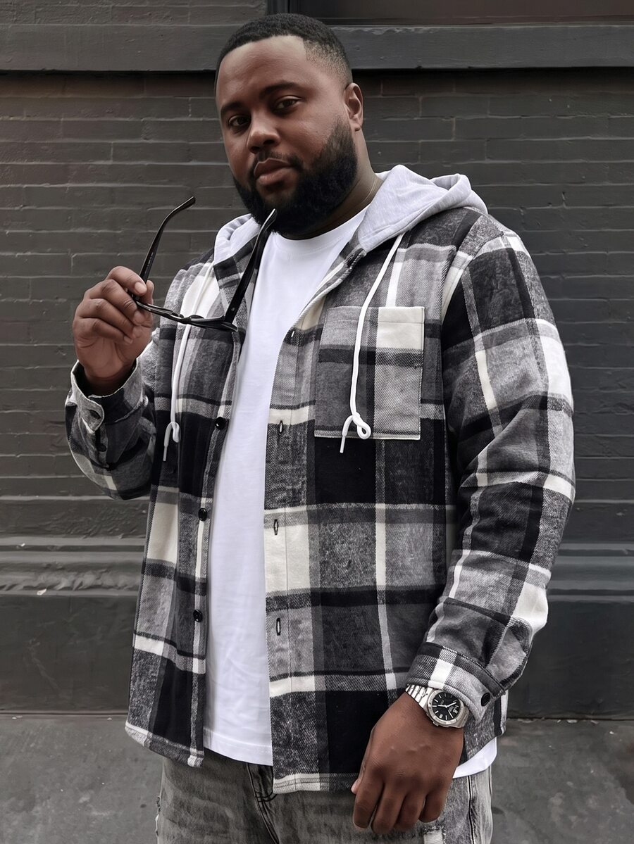 Ethos Form Men Plus Size Plaid Drawstring Hooded Outing Casual Shacket No T-Shirt, Boyfriend Gifts , Fall - Multicolor - View 1