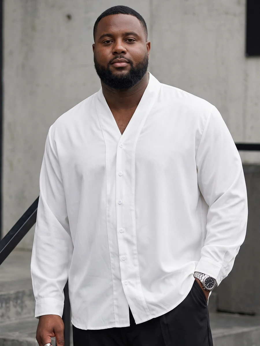 Ethos Form Men Plus Size Casual Solid Color Shirt, Fall, Long Sleeve Top, Formal - White - View 1
