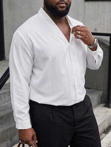 Ethos Form Men Plus Size Casual Solid Color Shirt, Fall, Long Sleeve Top, Formal - White - View 3
