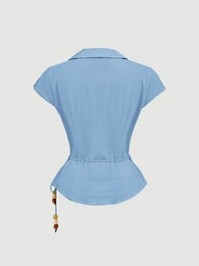 SHEIN MOD 女款紋理時尚不對稱下擺百褶綴珠繫帶襯衫 - 藍色 - 查看 4