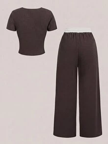 SHEIN 兒童青少年女孩休閒復古針織紋理圓領修身短袖T恤搭配腰帶對比色拼接抽繩寬腿長褲2件套，學院風返校穿搭，日常百搭時尚街頭風 - 棕色 - 查看 2