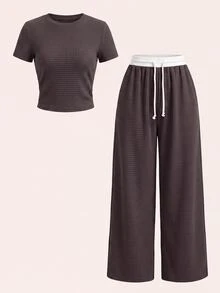 SHEIN 兒童青少年女孩休閒復古針織紋理圓領修身短袖T恤搭配腰帶對比色拼接抽繩寬腿長褲2件套，學院風返校穿搭，日常百搭時尚街頭風 - 棕色 - 查看 3
