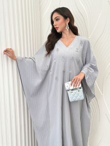 Al Najma 春夏秋灰色百褶紋理短袖V領寬鬆珍珠水鑽通勤時尚百搭優雅溫柔女款洋裝 - 淺灰紫 - 查看 7
