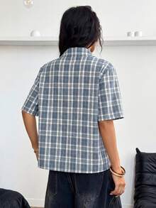 StreetHx 女款格紋短袖單排扣休閒襯衫 - 淺藍色 - 查看 2