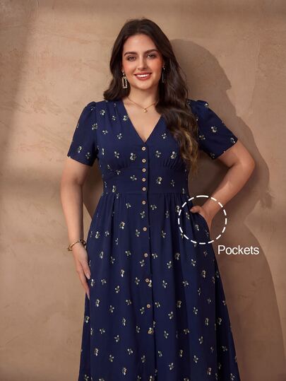 Chikora Plus Size Women's Elegant V-Neck Casual Office Brunch Cocktail Dress Navy Blue Summer