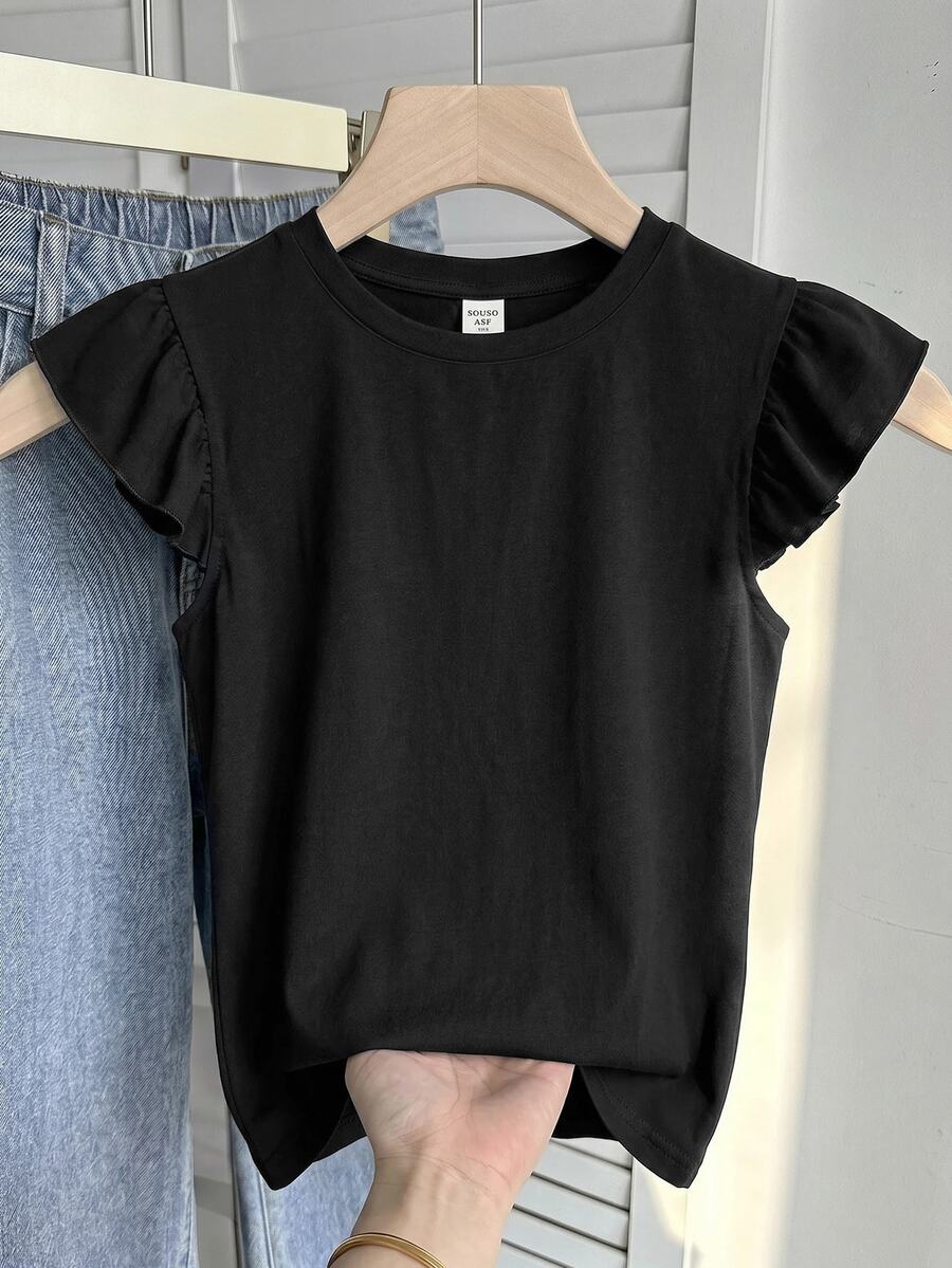 SHEIN Kids Teen Girls Summer 95% Cotton Round Neck Short Sleeve Loose T-Shirt, With Ruffle Cuffs And Floral Pattern Design, Cute Short Sleeve Top, Suitable For Outings, Back To School, Spring Summer, Vintage, Nostalgic, Soft, Clean, Beach Vacation, Holiday, Spring Break Atmosphere - Black - View 1