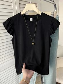 SHEIN Kids Teen Girls Summer 95% Cotton Round Neck Short Sleeve Loose T-Shirt, With Ruffle Cuffs And Floral Pattern Design, Cute Short Sleeve Top, Suitable For Outings, Back To School, Spring Summer, Vintage, Nostalgic, Soft, Clean, Beach Vacation, Holiday, Spring Break Atmosphere - Black - View 4