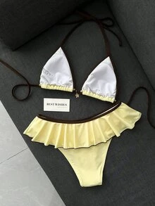 SHEIN Swim 女款夏季海灘派對熱帶度假性感泳衣套裝，奶油黃棕色掛脖比基尼，2合1荷葉邊迷你裙，金屬花朵裝飾 - 彩色 - 查看 4