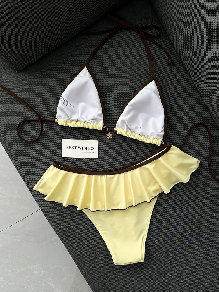 SHEIN Swim Women's Summer Beach Party Tropical Vacation Sexy Swimwear Set, Cream Yellow Brown Halter Bikini, 2 In 1 Ruffle Mini Skirt, Metal Flower Decor - Multicolor - View 4