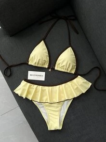 SHEIN Swim 女款夏季海灘派對熱帶度假性感泳衣套裝，奶油黃棕色掛脖比基尼，2合1荷葉邊迷你裙，金屬花朵裝飾 - 彩色 - 查看 2