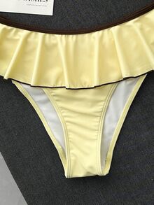 SHEIN Swim 女款夏季海灘派對熱帶度假性感泳衣套裝，奶油黃棕色掛脖比基尼，2合1荷葉邊迷你裙，金屬花朵裝飾 - 彩色 - 查看 6