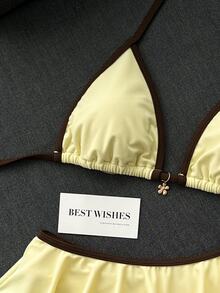 SHEIN Swim 女款夏季海灘派對熱帶度假性感泳衣套裝，奶油黃棕色掛脖比基尼，2合1荷葉邊迷你裙，金屬花朵裝飾 - 彩色 - 查看 5