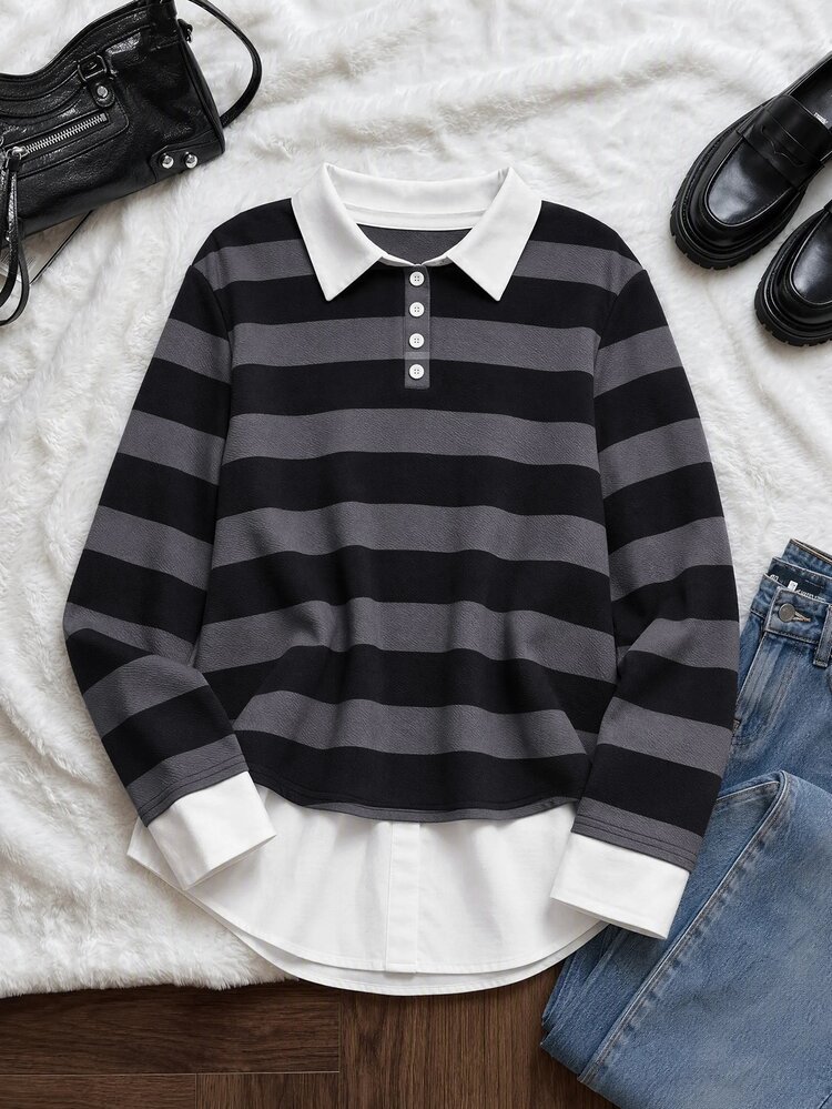 Comfortcana Plus Size Contrast Striped Print 2 In 1 Sweatshirt - Black and White - View 2